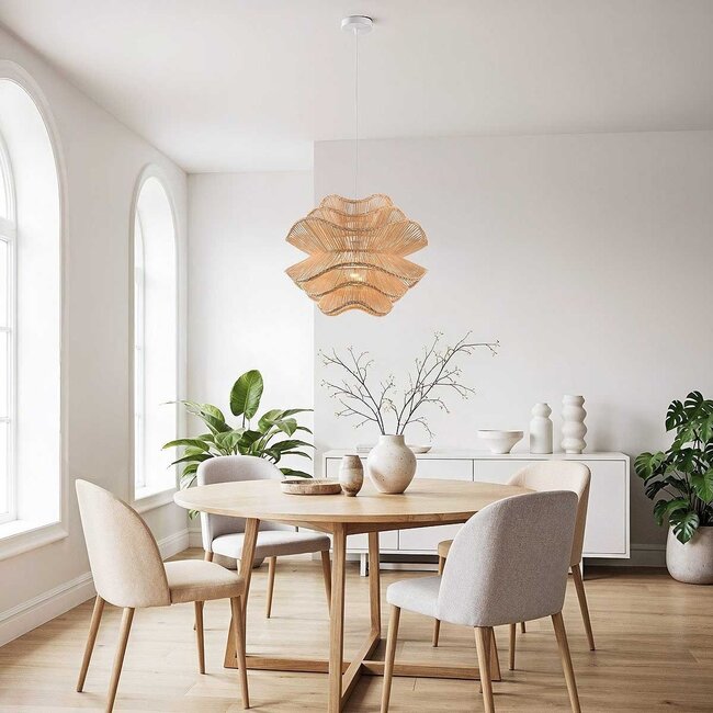 Rattan-Hängelampe Leru mit gewelltem, handgeflochtenem Schirm in Naturfarbe