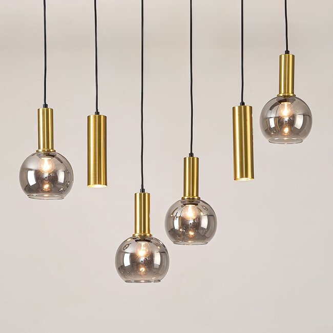 6-flammige Hängeleuchte Doku mit Rauchglas und Details aus Goldmessing