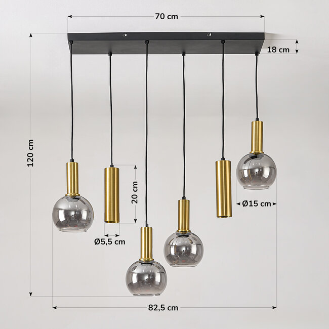 6-flammige Hängeleuchte Doku mit Rauchglas und Details aus Goldmessing