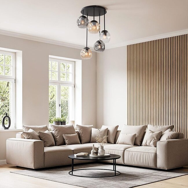 Design-Deckenleuchte Glo mit 5 Glaskugeln - Rauch-, amber- und Klarglas