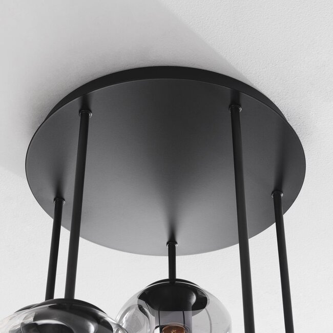 Design-Deckenleuchte Glo mit 5 Glaskugeln - Rauch-, amber- und Klarglas