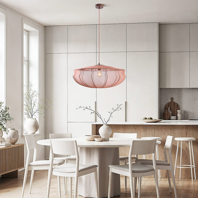Japandi Pendelleuchte Feronia mit rosa Stoffschirm Ø60 cm