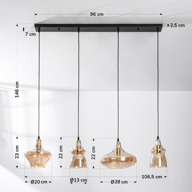 Moderne 4-flammige Pendelleuchte mit amber Glas - Maracas