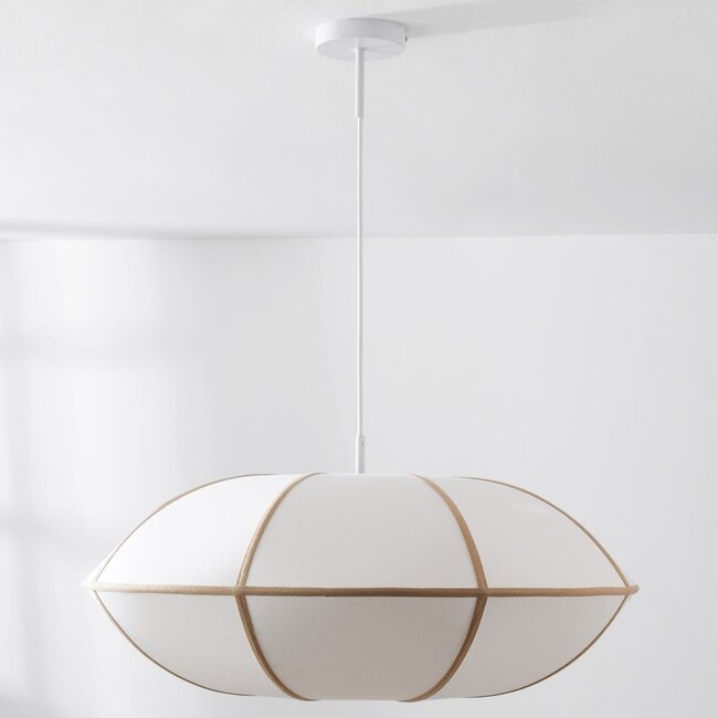 Moderne Pendelleuchte Ovala mit beigem Leinenschirm und braunen Akzenten Ø70 cm