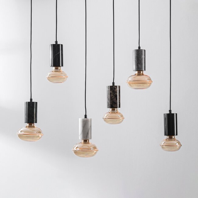 6-flammige Pendelleuchte Caverna - Schwarz mit Marmordetails, Set inklusive dimmbarer LED