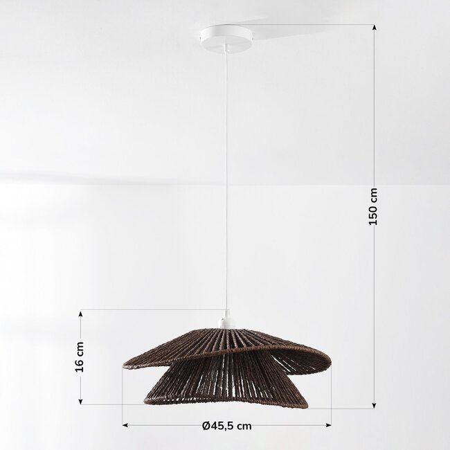 Natürliche Hängeleuchte Osaka aus braunem Seil mit weißer Halterung