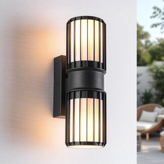 Schwarze 2-Licht-Wandleuchte Tazio mit Glasschirm und vertikalen Stäben