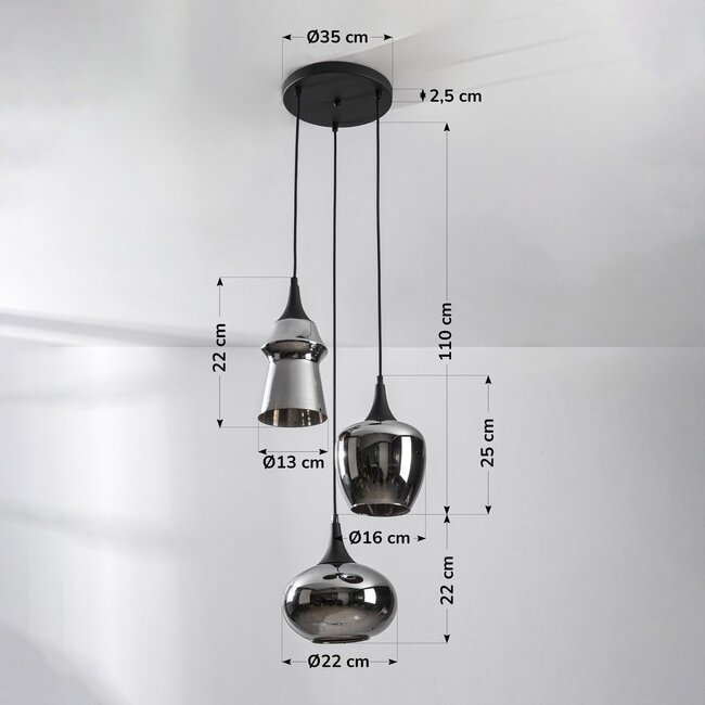 Design-Pendelleuchte Zian - 3-flammig schwarz mit Rauchglas in verschiedenen Formen