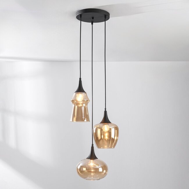 3-flammige Pendelleuchte Zian - Schwarz mit Amberglas in verschiedenen Formen