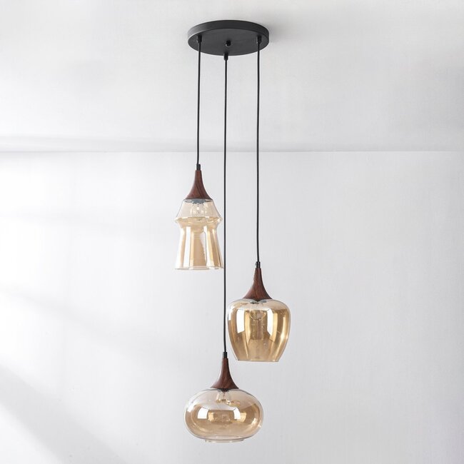 Design-Pendelleuchte Zian - 3-flammig schwarz mit Holzoptik und amber Glas in verschiedenen Formen