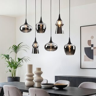 6-flammige Hängeleuchte Lior schwarz mit Rauchglasschirmen und Spiegeleffekt in verschiedenen Formen