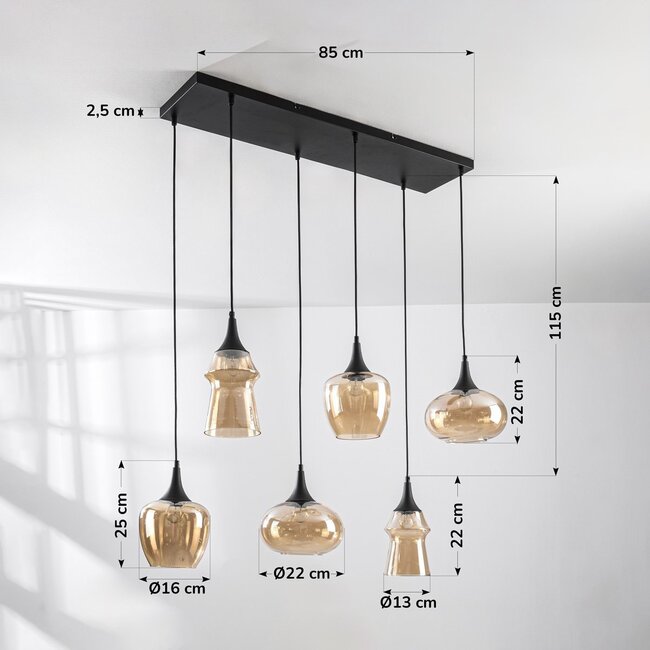 6-flammige Pendelleuchte Lior Schwarz mit Amberglas in verschiedenen Formen