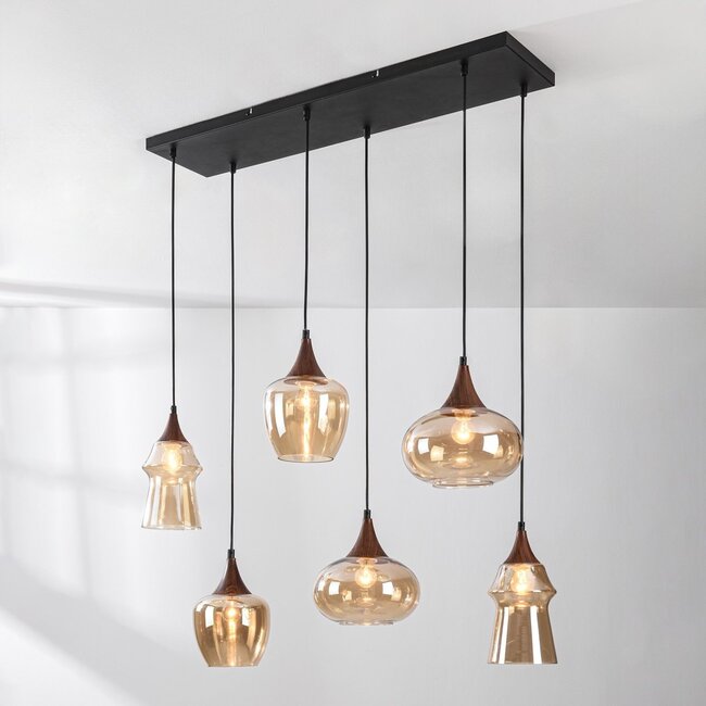 6-flammige Pendelleuchte Lior - Schwarz, Holzoptik und Amberglas in verschiedenen Formen
