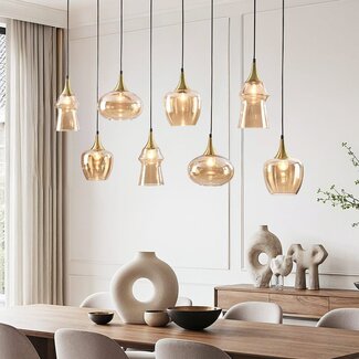 8-flammige Pendelleuchte Cael - Gold mit Amberglas