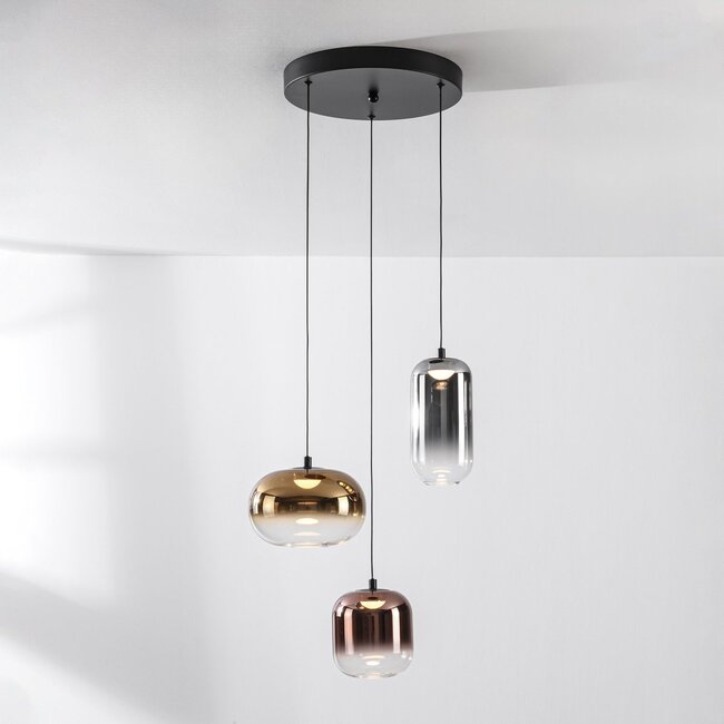 3-flammige Hängelampe Kafei mit LED, 3-stufig dimmbar und Glaskappen in Gold, Rauchglas und Kupfer