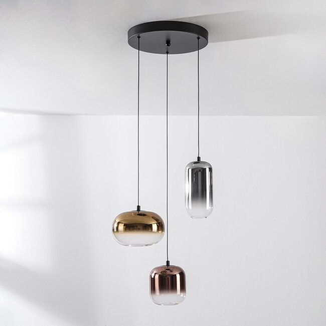 3-flammige Hängelampe Kafei mit LED, 3-stufig dimmbar und Glaskappen in Gold, Rauchglas und Kupfer