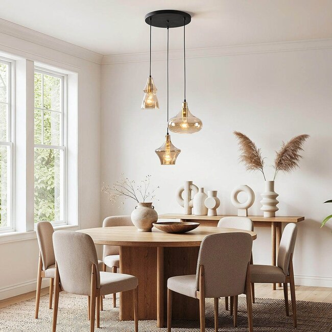 3-flammige Design-Pendelleuchte Calypso mit Schirmen aus Amberglas