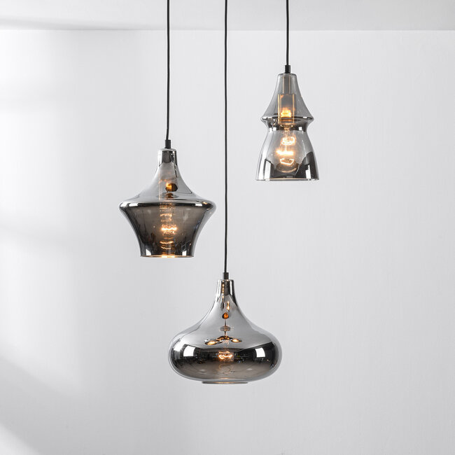 3-flammige moderne Hängelampe Calypso schwarz mit Rauchglas