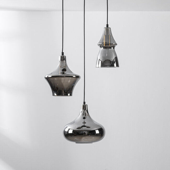3-flammige moderne Hängelampe Calypso schwarz mit Rauchglas