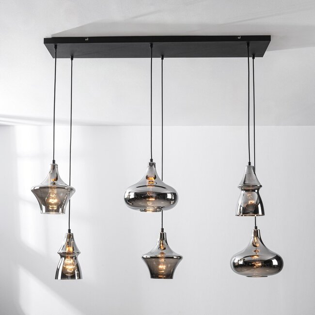 Industrielle Hängelampe Calypso schwarz 6-flammig mit Rauchglas