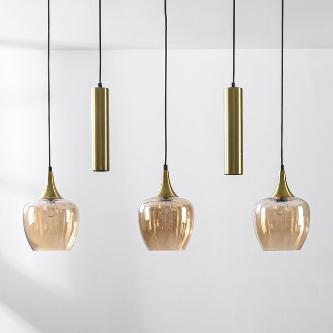 Moderne Pendelleuchte Eloi, 5-flammig, mit zwei goldenen GU10 Spots und Amberglas