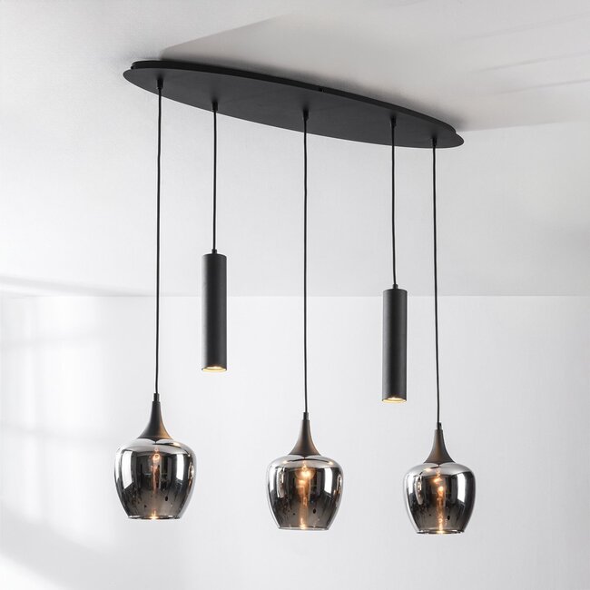 5-flammige Hängelampe Eloi mit drei Rauchglas-Schirmen und zwei GU10-Spots