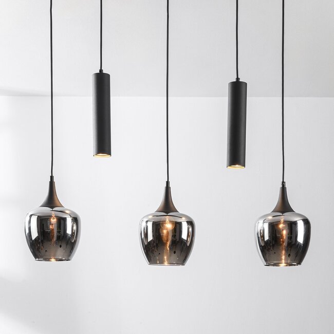 5-flammige Pendelleuchte Eloi mit drei Rauchglasschirmen und zwei GU10 Spots