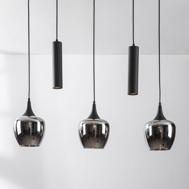 5-flammige Pendelleuchte Eloi mit drei Rauchglasschirmen und zwei GU10 Spots