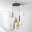 Design-Pendelleuchte Téo gold mit drei Schirmen aus Amberglas und zwei GU10 Spots