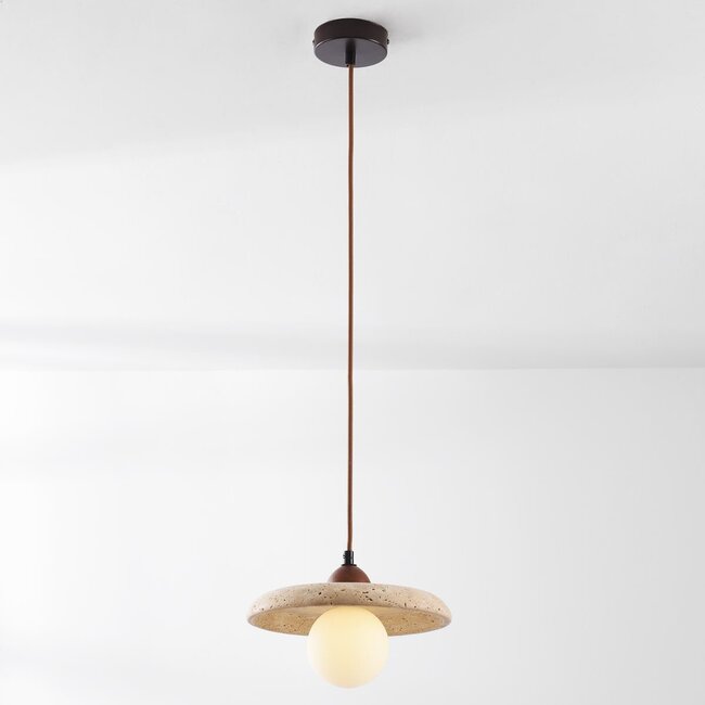 Japandi-Hängelampe Sasso aus Travertin (Naturstein) und Holz