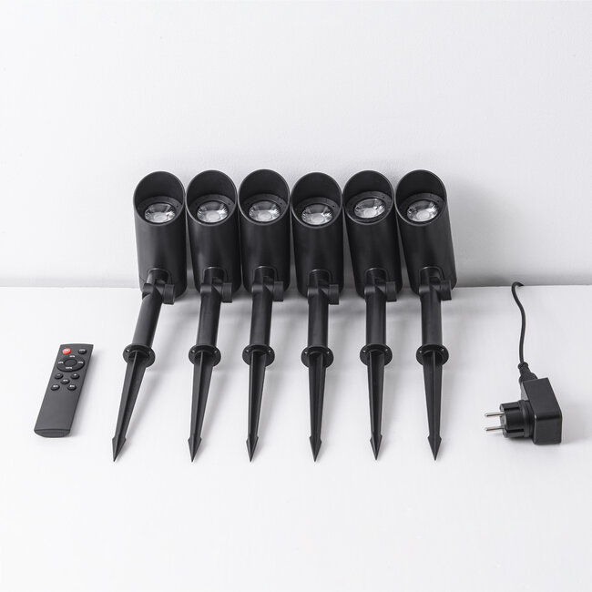 6er-Set moderne, neigbare Gartenstrahler mit Fernbedienung - Schwarz mit dimmbaren LEDs