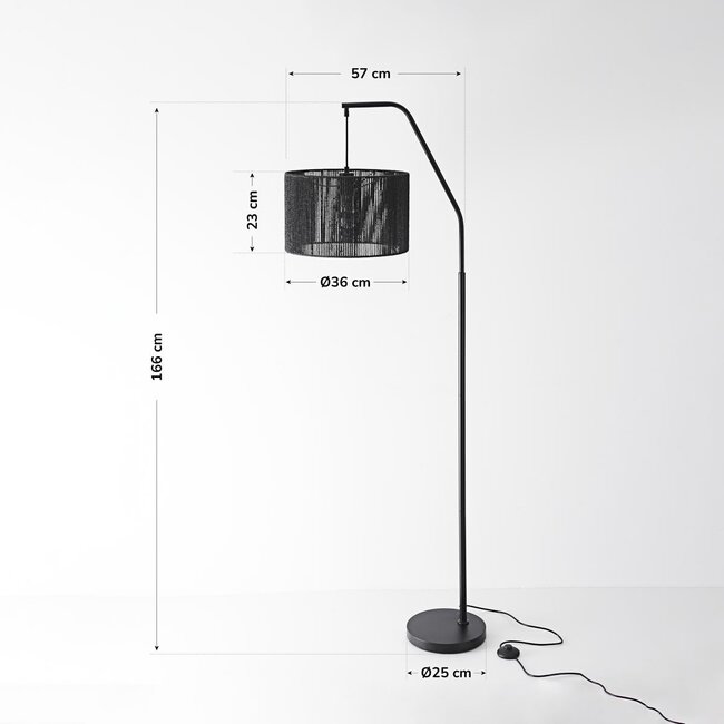 Standleuchte Yoko in Schwarz mit Lampenschirm aus Papierkordel, 1-flammig
