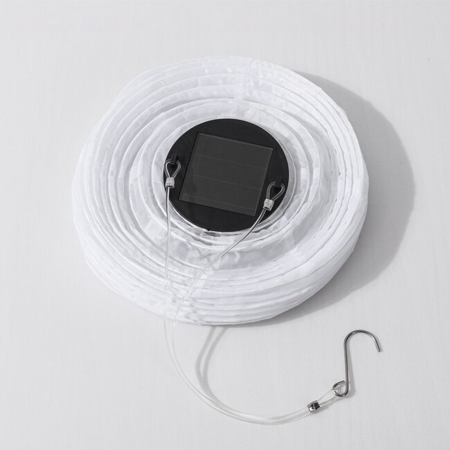 Solar-Laterne Pyra – solarbetriebene Hängelampe aus weißem Nylon