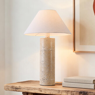 Japandi Tischlampe Table mit Travertinfuß Optik und Leinen­schirm