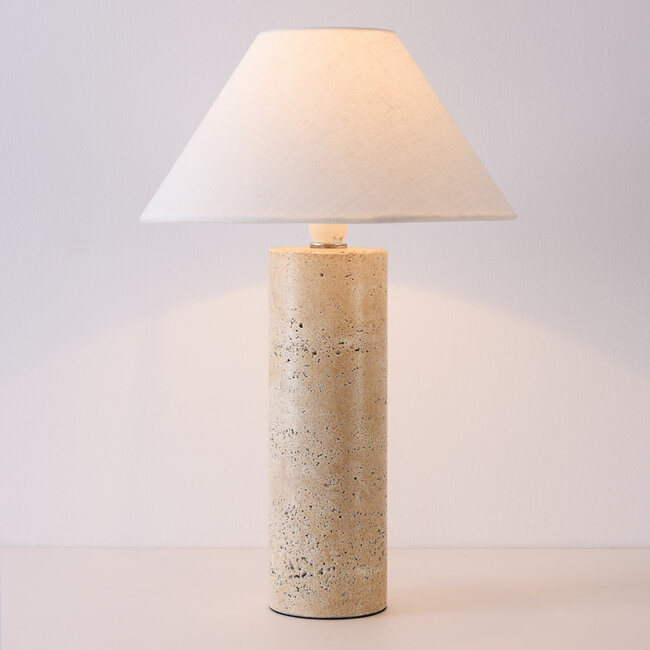 Japandi Tischlampe Table mit Travertinfuß Optik und Leinen­schirm