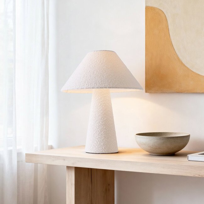 Leinen-Bouclé-Tischlampe Tisch – weiß