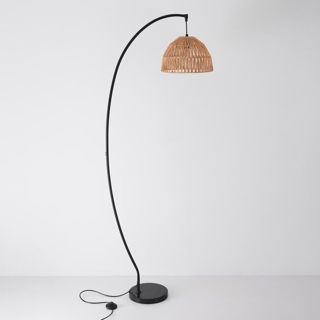 Moderne Bogenlampe Estar mit natürlichem Schirm und schwarzem Rahmen