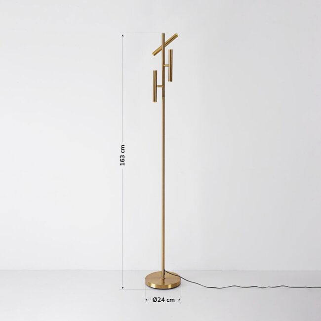 Luxuriöse Stehlampe Zhan in Gold mit drei drehbaren Spots und Touch-Dimmer
