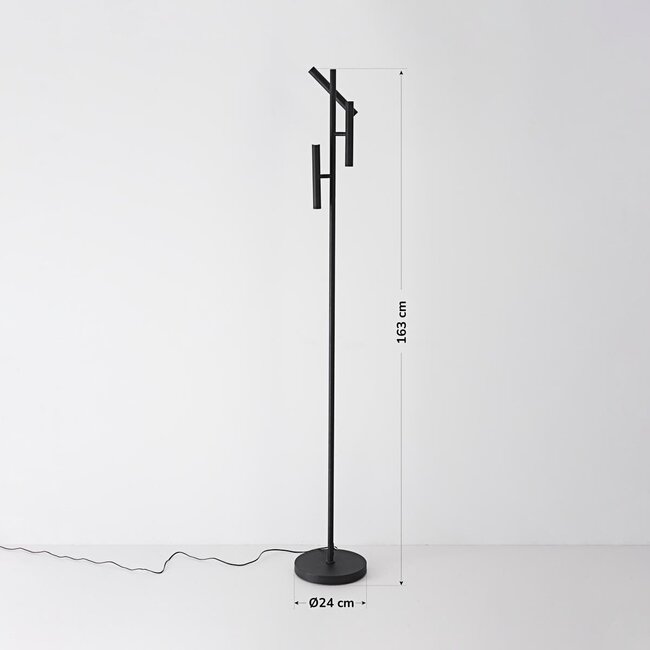 Stehlampe Zhan in Schwarz mit drei drehbaren Spots und Touch-Dimmer
