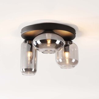 Schwarze Deckenleuchte Penba mit 3 Rauchglas-Schirmen