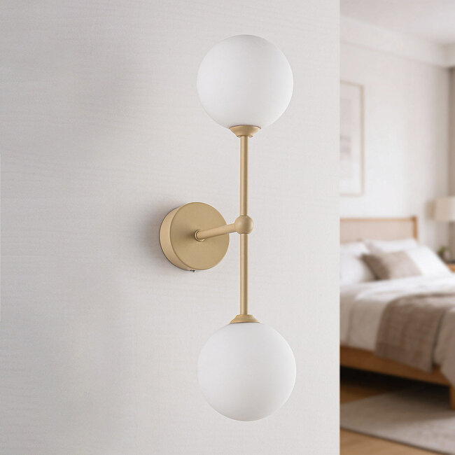 Moderne beige Wandleuchte Runda mit milchweißem Glas, 2-flammig