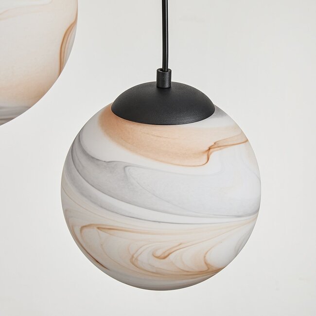 5-flammige moderne Pendelleuchte Marbelle Schwarz mit Glas in Marmoroptik