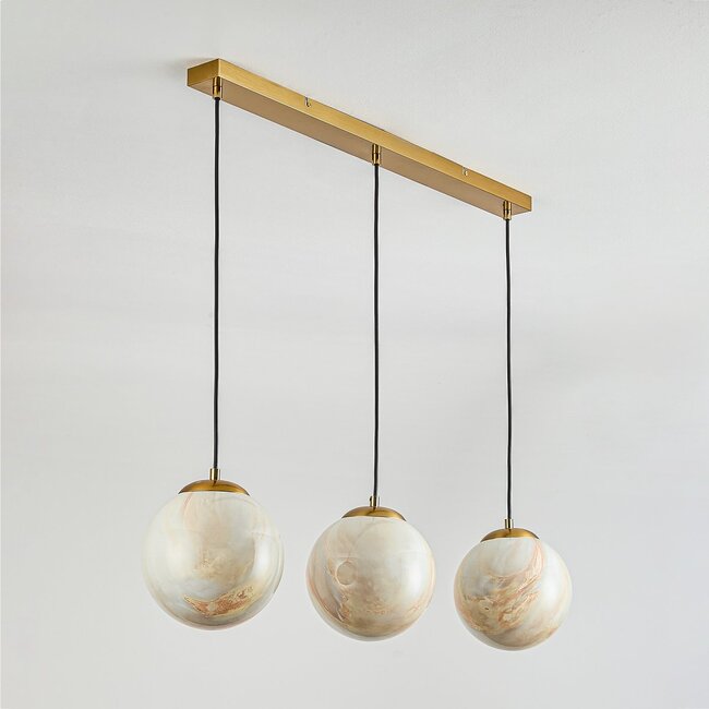 3-flammige Pendelleuchte Tessra - Glas in Marmoroptik mit Messinggold