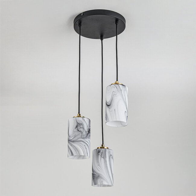 3-flammige Pendelleuchte Vetra - Glas in Marmoroptik mit Messinggold und Schwarz