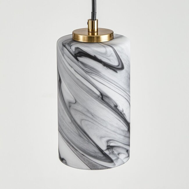 3-flammige Hängelampe Vetra mit Glasabdeckungen in Marmoroptik – Messinggold und Schwarz