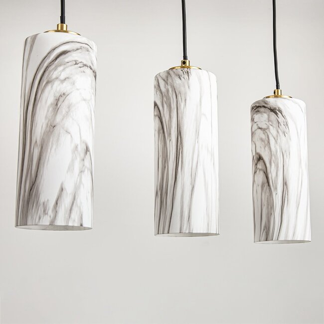 Hängelampe Vetra mit Glasabdeckungen in Marmoroptik, 5-flammig – Messinggold und Schwarz