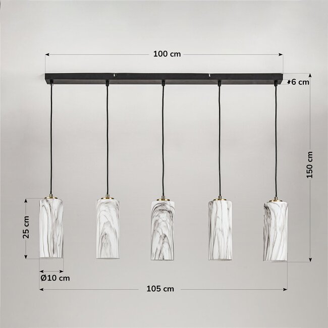 Hängelampe Vetra mit Glasabdeckungen in Marmoroptik, 5-flammig – Messinggold und Schwarz