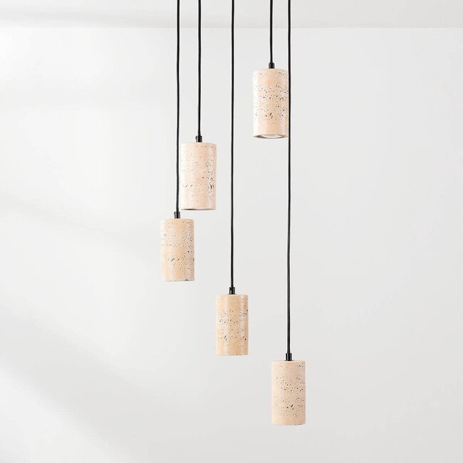 Hängelampe Velin mit fünf Spots in warmer Travertinoptik