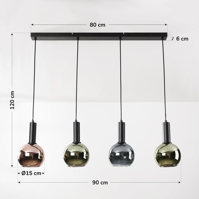 4-flammige Hängelampe Imke mit graublauem Rauchglas, grünem Glas und Kupferglas