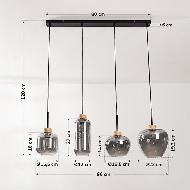 4-flammige Pendelleuchte Astra - Rauchglas mit Seil-Akzenten